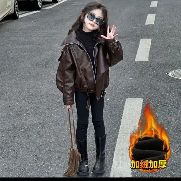 儿童加绒皮衣2025秋冬新款宝宝皮外套冬装女童保暖加厚儿童皮衣