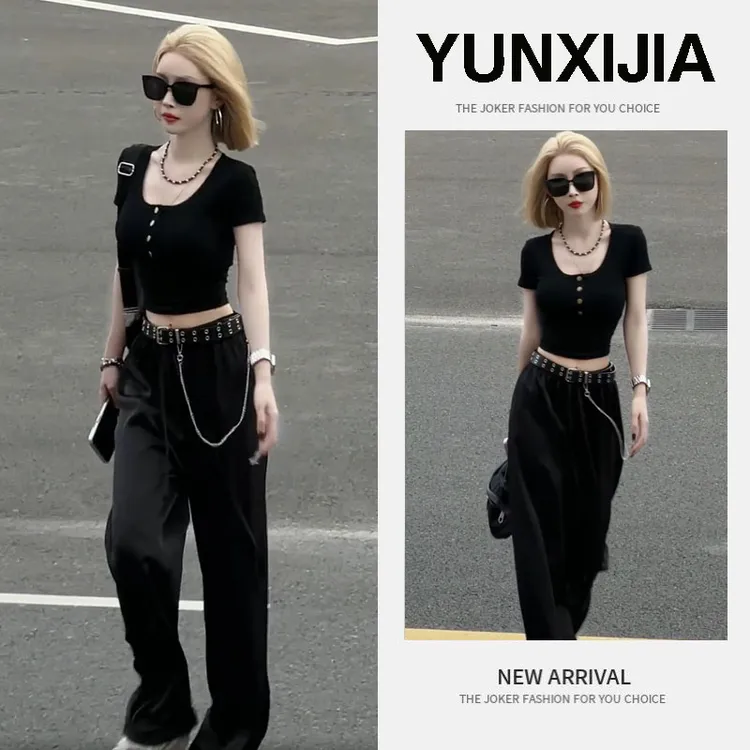 2025夏季新款辣妹百搭风修身短款短袖T恤甜酷飒风工装裤两件套