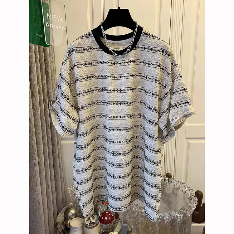 欧货大码蕾丝条纹短袖t恤女夏季2025新款宽松设计感镂空提花上衣