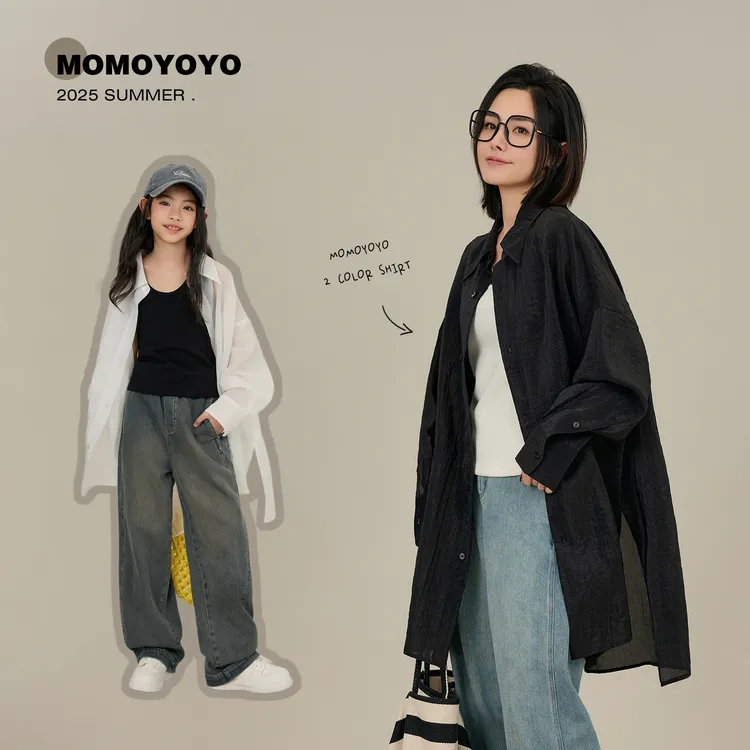 辰辰妈【光泽感】春夏新款空调衫薄款宽松长款亲子衬衣衬衫7544D