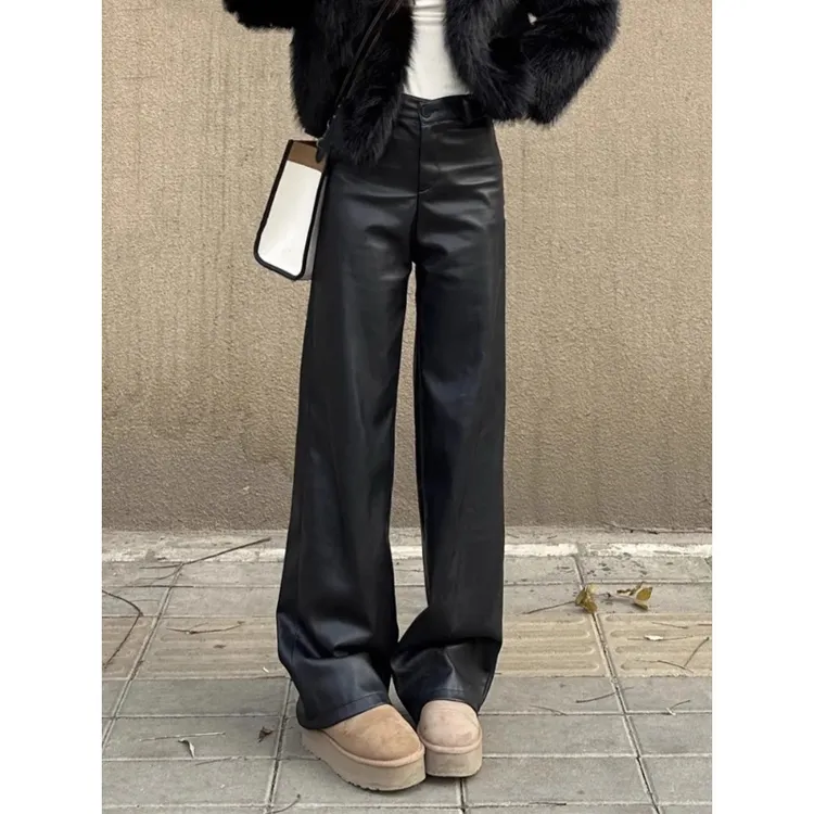 黑色pu皮休闲裤女早春2025新款长裤宽松高腰直筒皮裤黑色西装裤