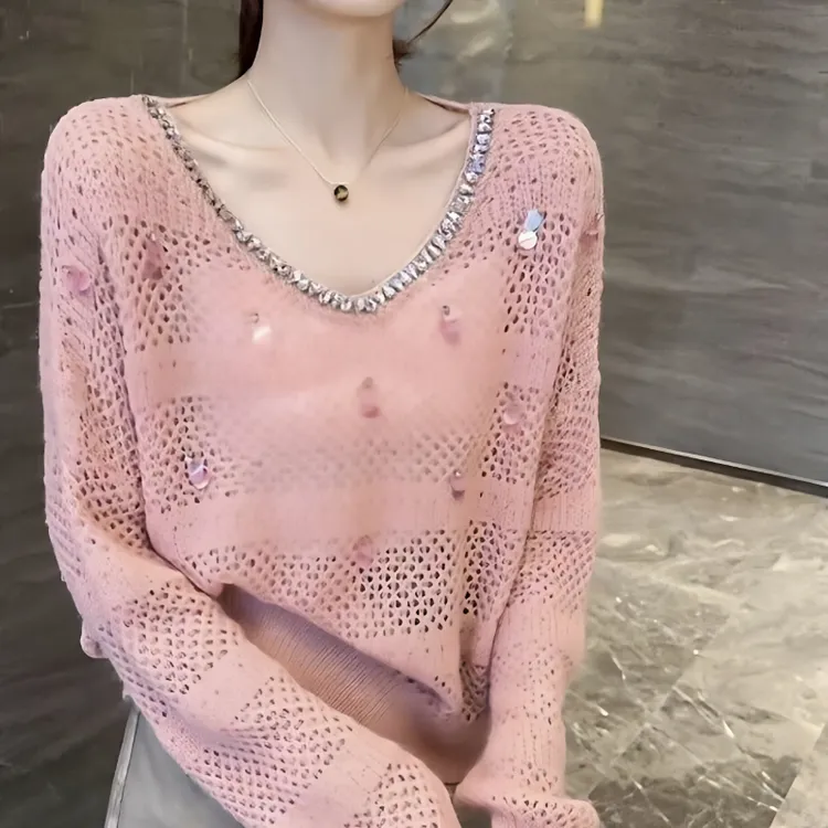 2025春秋季新款女士洋气时髦亮片V领镂空针织衫别致减龄长袖上衣