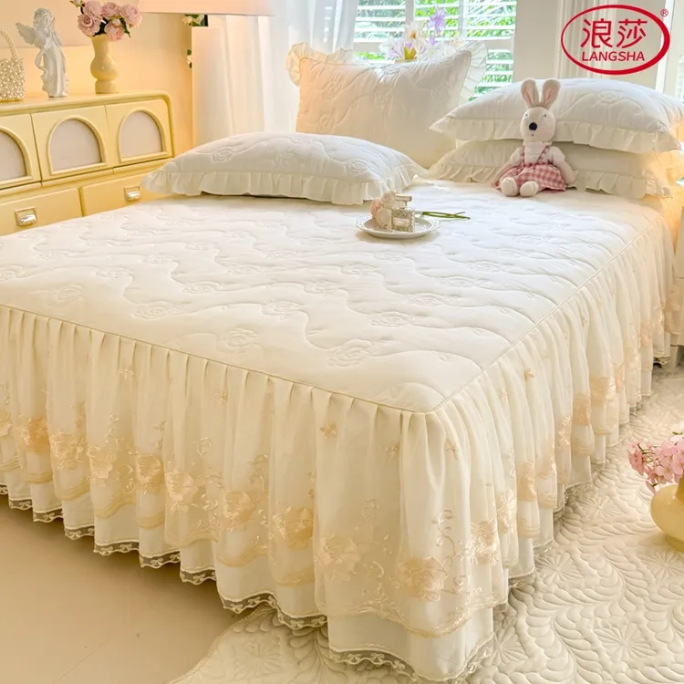 浪莎纯色花边床裙加厚夹棉床单全棉纯棉双层蕾丝裙边床罩四季通用