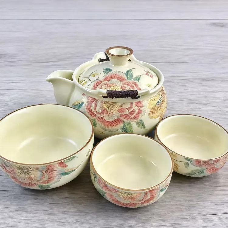 W888-慕瓷窑缂丝刺绣牡丹花一壶三杯旅行茶具家用茶具套装