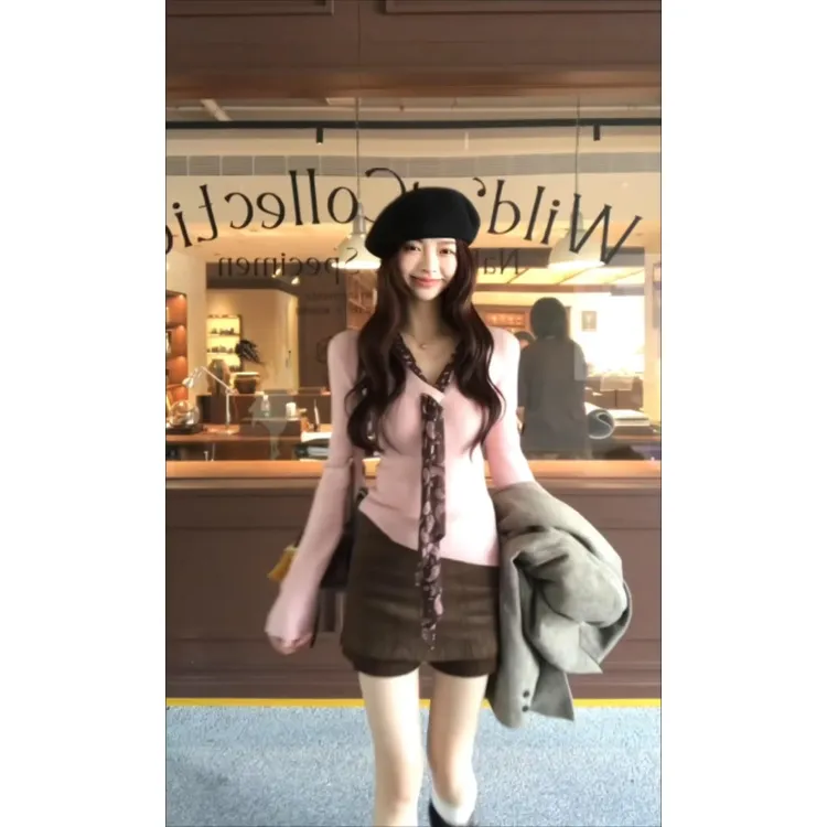 parkyeon辣妹风穿搭粉色V领修身针织衫女秋冬季防走光A字半身裙