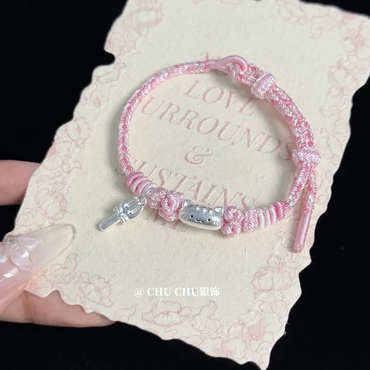 足银手链 足银999猫咪红绳手工编织情侣手链送女友闺蜜礼物