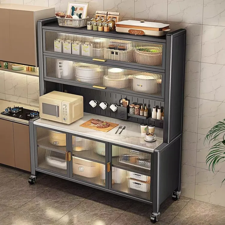 厨房置物架落地多层岩板餐边柜靠墙一体储物柜多功能防尘橱柜