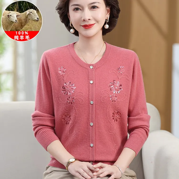 妈妈装100纯羊毛衫开衫女圆领春秋新款中老年人女士毛衣针织衫冬