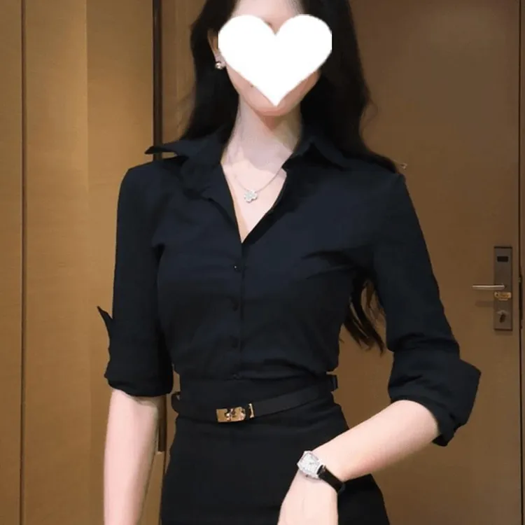 法式气质修身收腰黑色衬衫女秋季2025年新款高级感Polo领显瘦衬衣