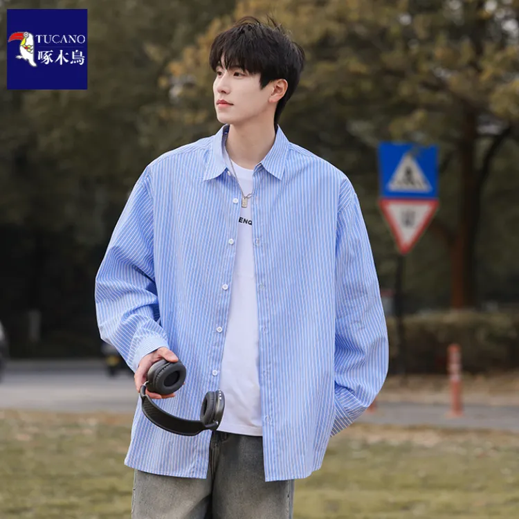 啄木鸟春秋蓝色条纹衬衫男港版宽松高街纯棉衬衣休闲情侣长袖上衣