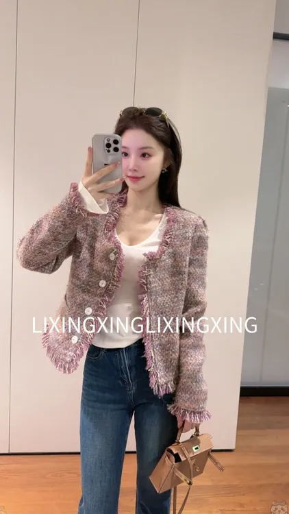 LXX【流苏紫小香】意式编织耐磨女长袖秋季单排扣短外套秋冬粗花呢