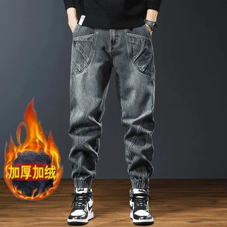 怀旧蓝加绒牛仔裤男潮牌宽松束脚裤重磅复古做旧美式工装哈伦裤