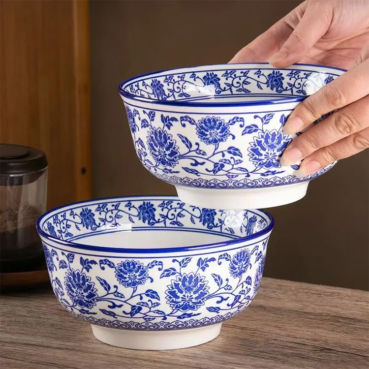 8英寸青花瓷加厚陶瓷面碗家用加厚汤碗青花玲珑碗大碗中式饭碗