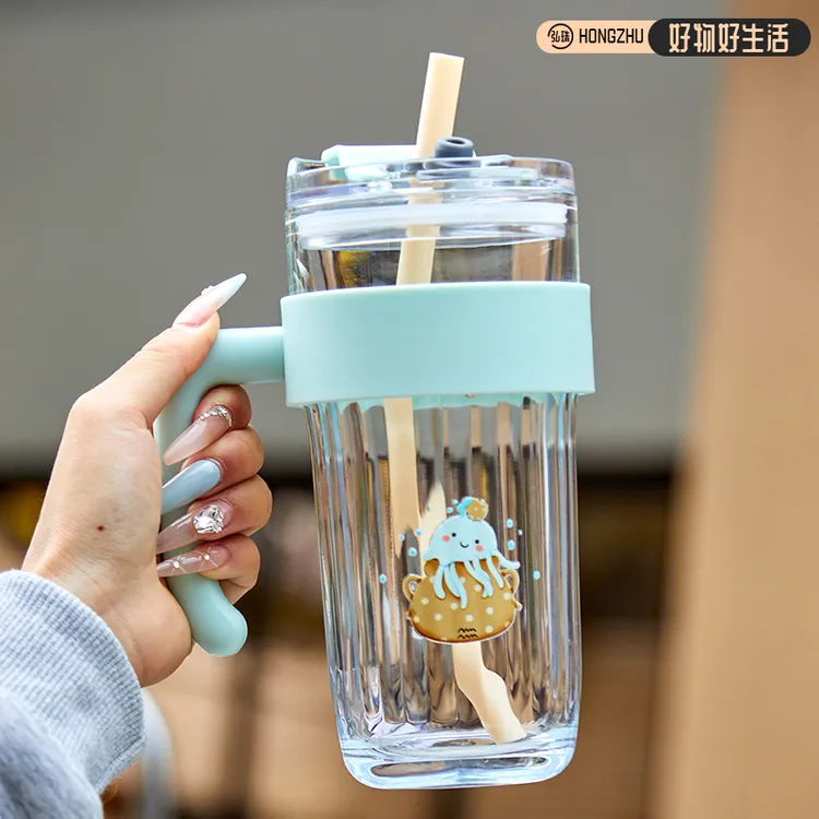 大容量玻璃杯吸管杯夏季双饮杯果茶水杯加厚双用玻璃冷水杯泡茶杯
