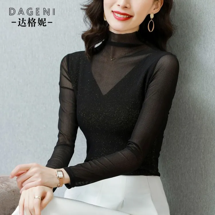 高领网纱打底衫女2025春秋新款黑色蕾丝小衫洋气百搭长袖上衣