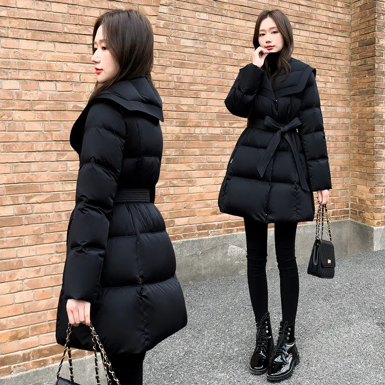 2025年新款女装冬季收腰中长款羽绒服女黑色海军领白鸭绒保暖外套