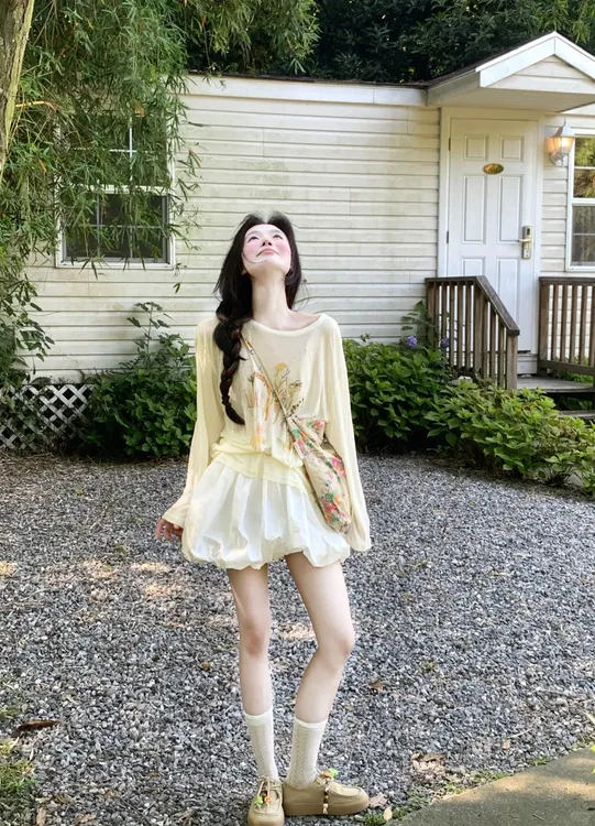 夏日绝美俏皮小套装女韩系卡通印花薄款长袖上衣高腰花苞裙两件套