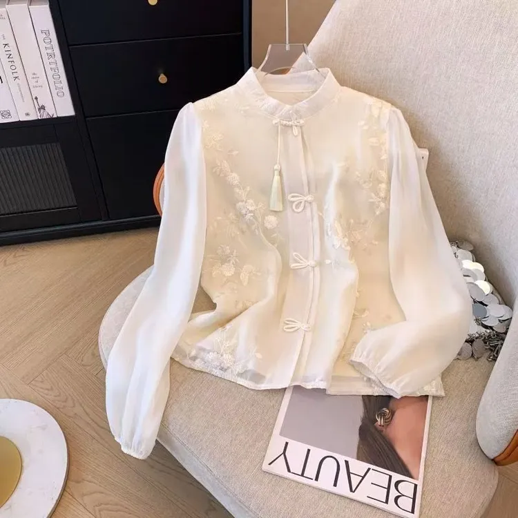 新中式国风盘扣衬衫2025春秋大码胖mm改良汉服减龄立领中年女装