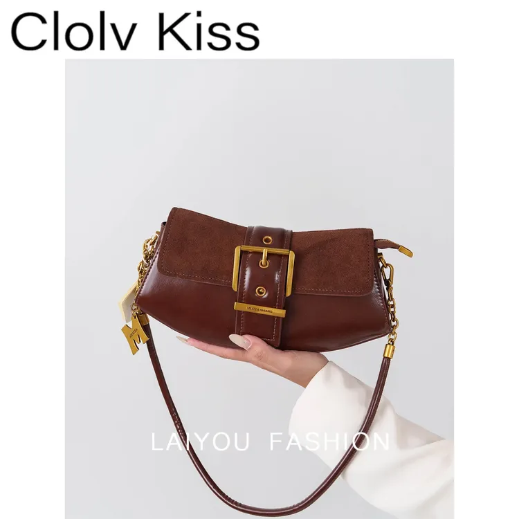 Clolv Kiss牛皮磨砂包女小腋下包轻奢马鞍众新款休闲2025单肩百搭