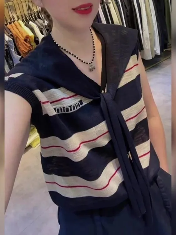 休闲学院风条纹短袖女2025年夏季新款小众设计感慵懒风减龄上衣女