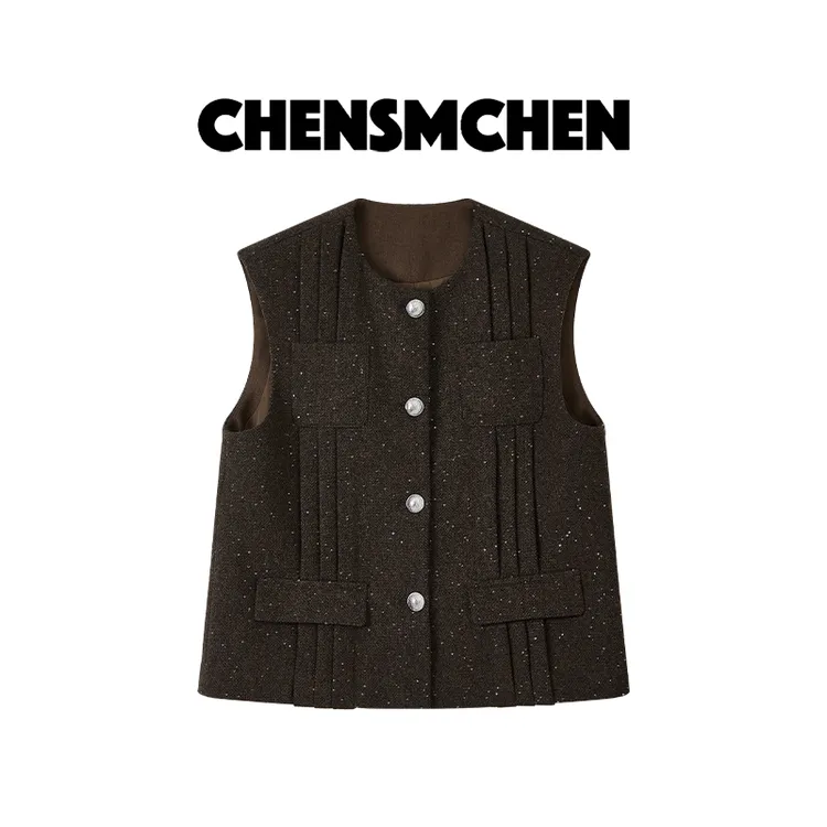 CHENSMCHEN 绵羊毛极简压褶小香风马甲女时尚简约上衣CSJ7443WY