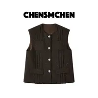 CHENSMCHEN 绵羊毛极简压褶小香风马甲女时尚简约上衣CSJ7443WY