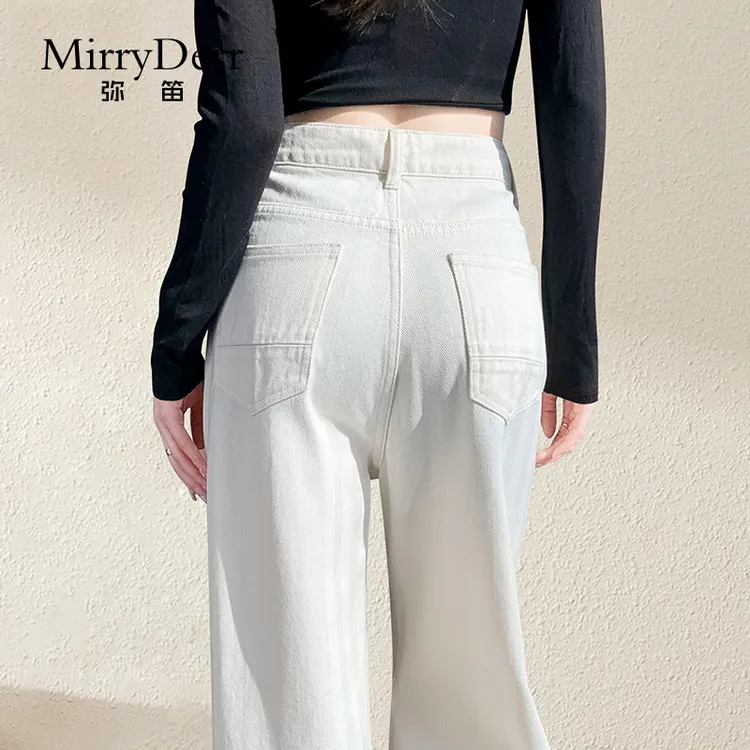 MirryDerr/弥笛米白色直筒牛仔裤女2025新款春秋高腰垂感阔腿裤子