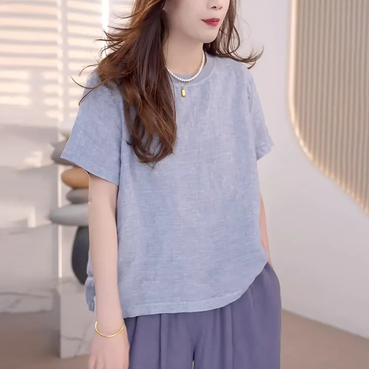 2025夏季蓝色亚麻t恤女士新款时尚减龄宽松显瘦正肩棉麻体恤上衣