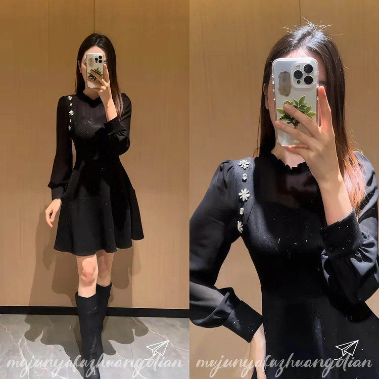 约会的裙子女装2026新款秋冬季假两件订钻漂亮时尚黑色淑女连衣裙