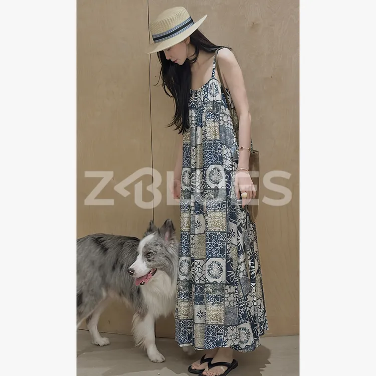 Z.blues【波西米亚风】法式民族风亚麻混纺碎花吊带连衣裙YZBWV432