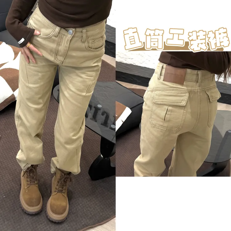 2025新款冬季加绒高腰窄版直筒裤网红爆款秋咖色法式休闲牛仔裤女