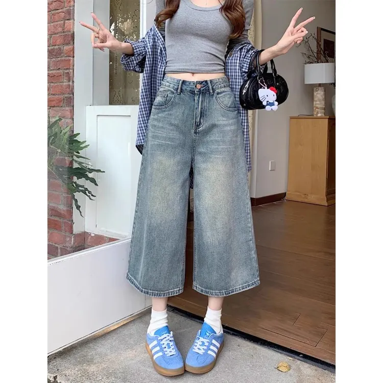 大码复古水洗小个子八分牛仔裤女夏季新款高腰显瘦百搭阔腿中裤潮