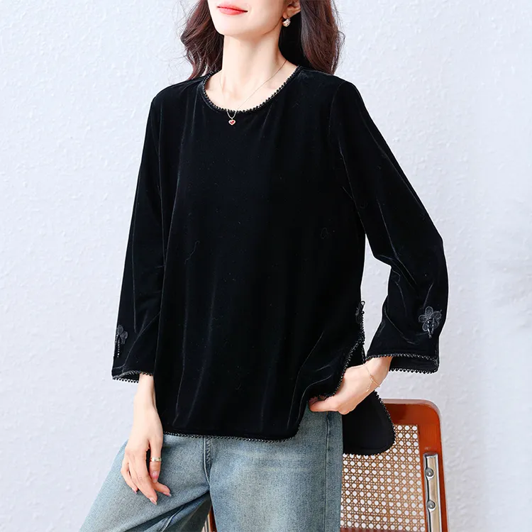 大码女装2026春秋新款时尚宽松显瘦钉珠丝绒黑色T恤打底上衣女