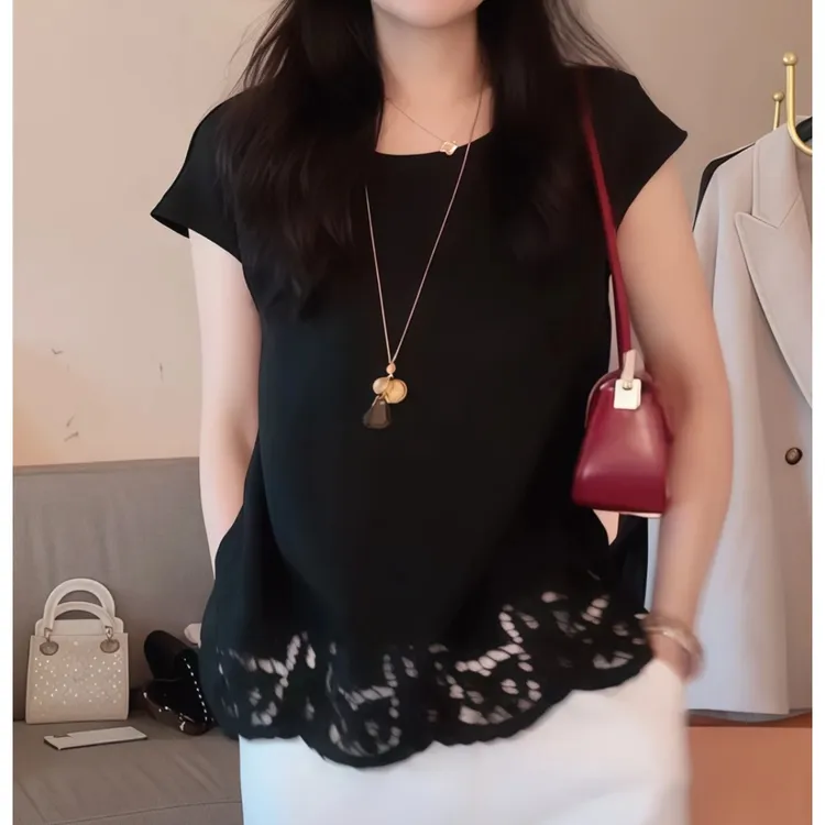 2025夏季高定肌理花边下摆设计感纯色短袖T恤时尚百搭通勤上衣女