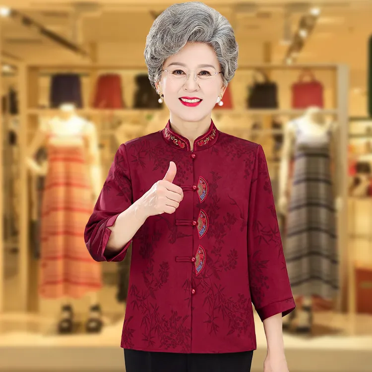 老年人衬衫女奶奶小衫七分袖上衣喜婆婆妈妈喜庆开衫妈妈秋装