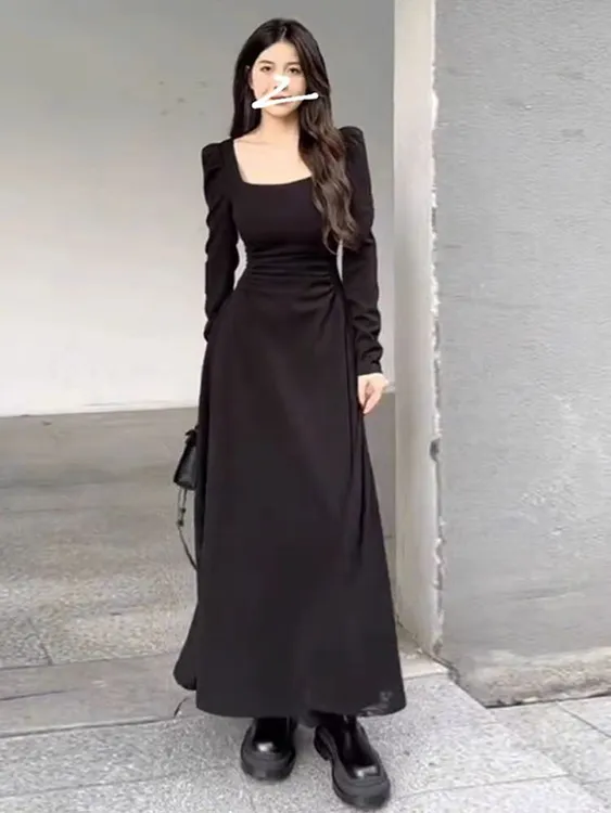 大码胖MM2.0纸片人法式套头褶皱高腰连衣裙设计感时尚女装修身