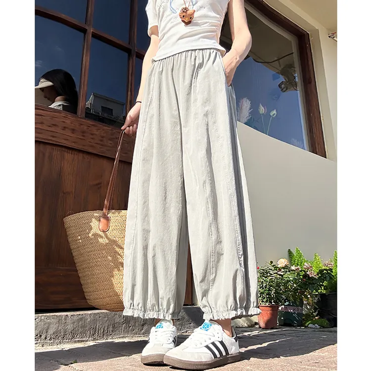 韩系木耳边白色新款夏季薄款九分阔腿灯笼裤小个子高腰宽松休闲裤