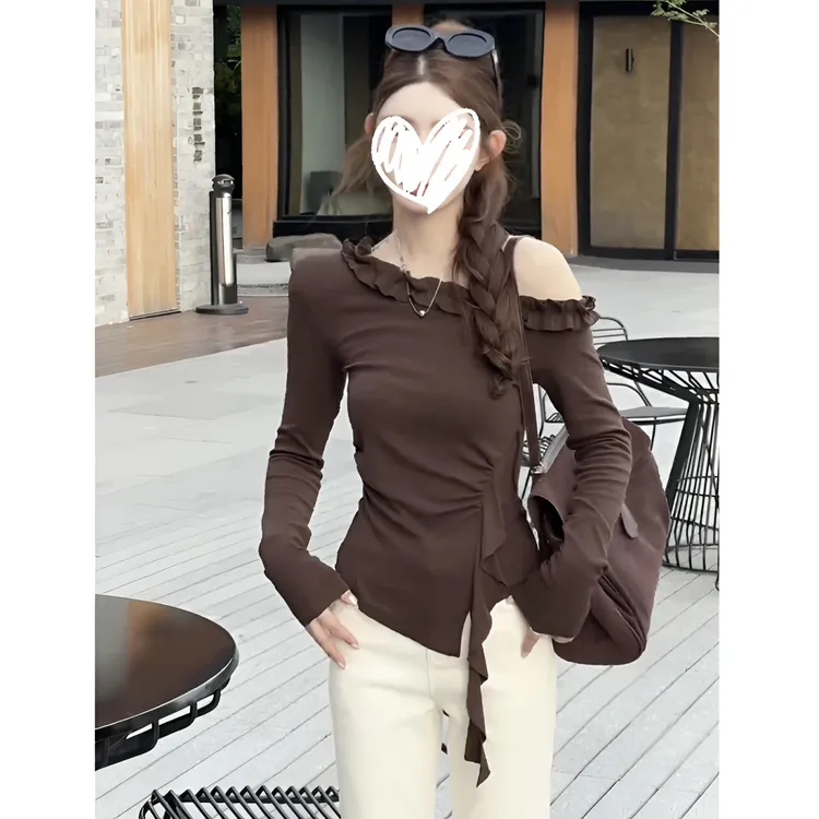 2025秋冬新款不规则斜肩打底T恤女收腰别致内搭显瘦百搭上衣潮