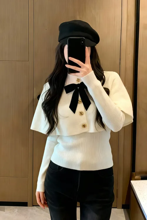 新款韩版气质小香风蝴蝶结长袖针织衫披肩斗篷上衣