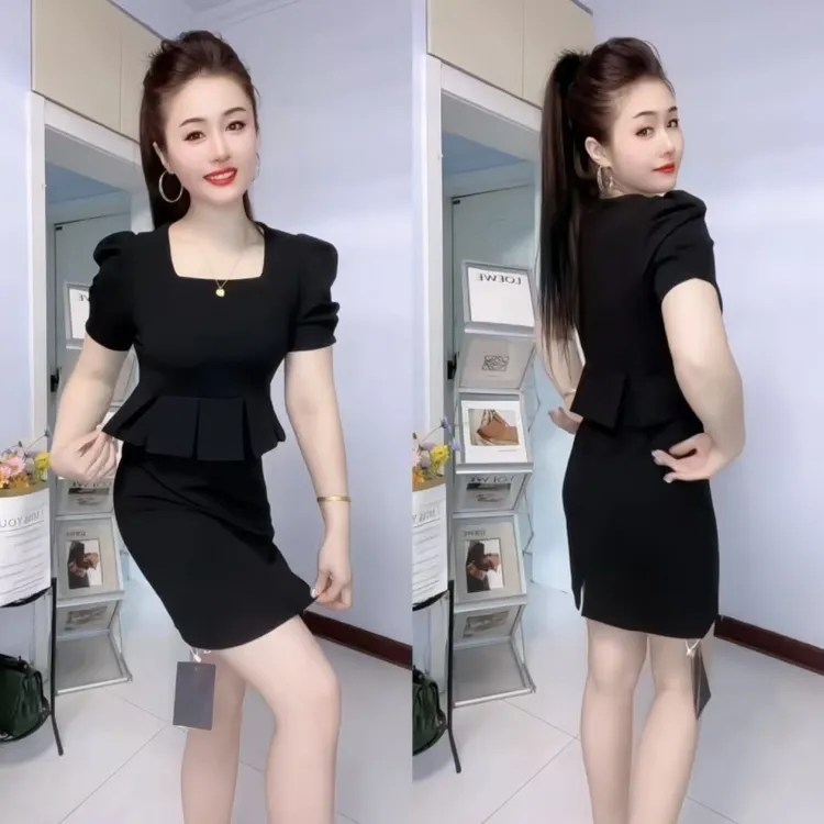 夏季方领气质显瘦法式赫本风假两件百搭中长连衣裙