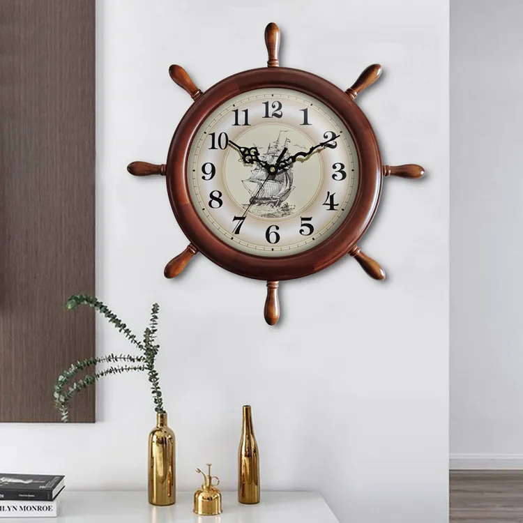 装饰船锚船舵高档大气实木挂钟时钟钟表客厅石英钟挂墙家用最新款