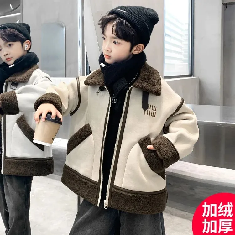 男童外套秋冬款2025新款中大童加厚澳粒绒衣服儿童冬季加绒童装潮