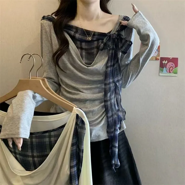 早秋2025新款爆款假两件荡领t恤女绑带蝴蝶结设计感掐腰长袖上衣