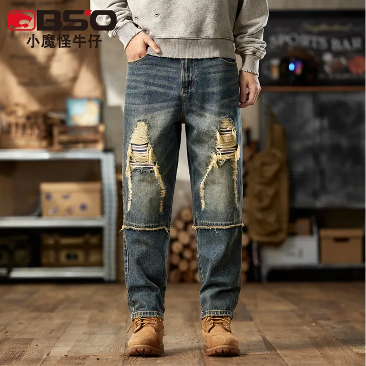 小魔怪2025春季新款美式复古潮牌宽松个性破洞补丁哈伦牛仔裤男士