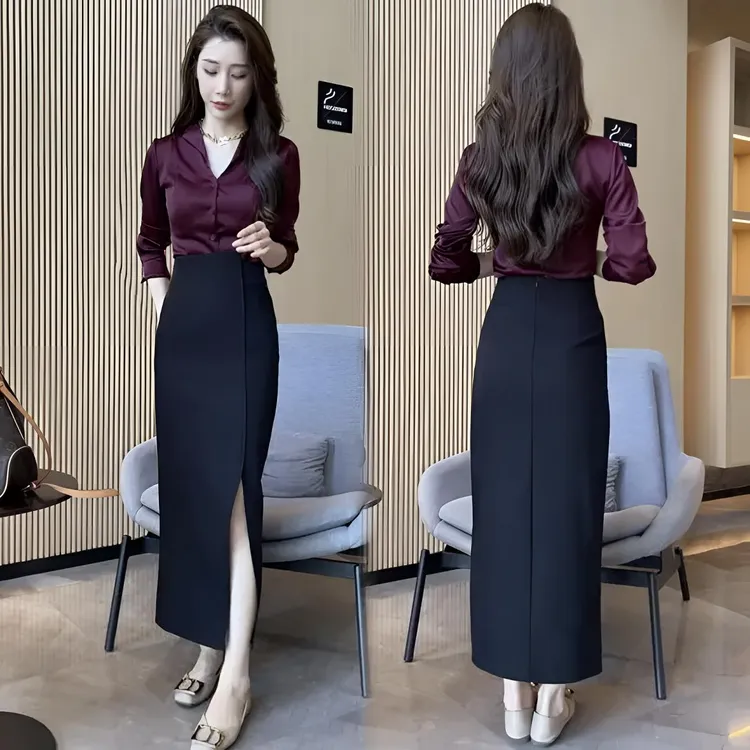 2025新款女神范洋气时尚气质V领纽扣缎面显瘦上衣开叉半身裙套装