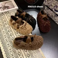 浅口防滑蝴蝶结厚底棉鞋毛毛鞋保暖百搭一脚蹬复古踩脚两穿豆豆鞋
