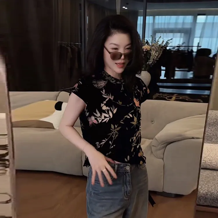 新中式国风复古立领短袖衬衫女士夏季设计感印花修身短款衬衣上衣