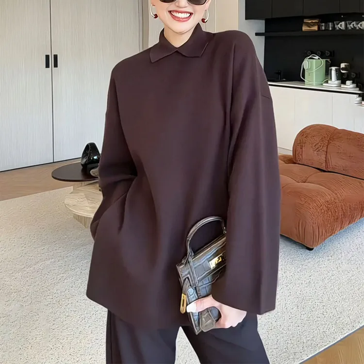 紫色翻领针织衫女士2025秋季时尚洋气减龄宽松大码内搭打底衫上衣