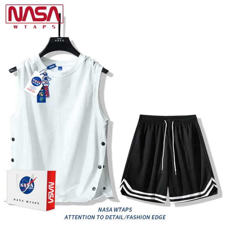 NASA WTAPS无袖排扣背心t恤套装男夏季休闲运动坎肩五分裤两件套