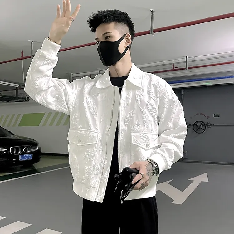 潮牌痞帅白色翻领男装男士夹克春秋季新款外套刺绣宽松男上衣